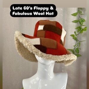 Cozy 1960s Vintage Patchwork Shearling Hat in Burnt Orange and Brown